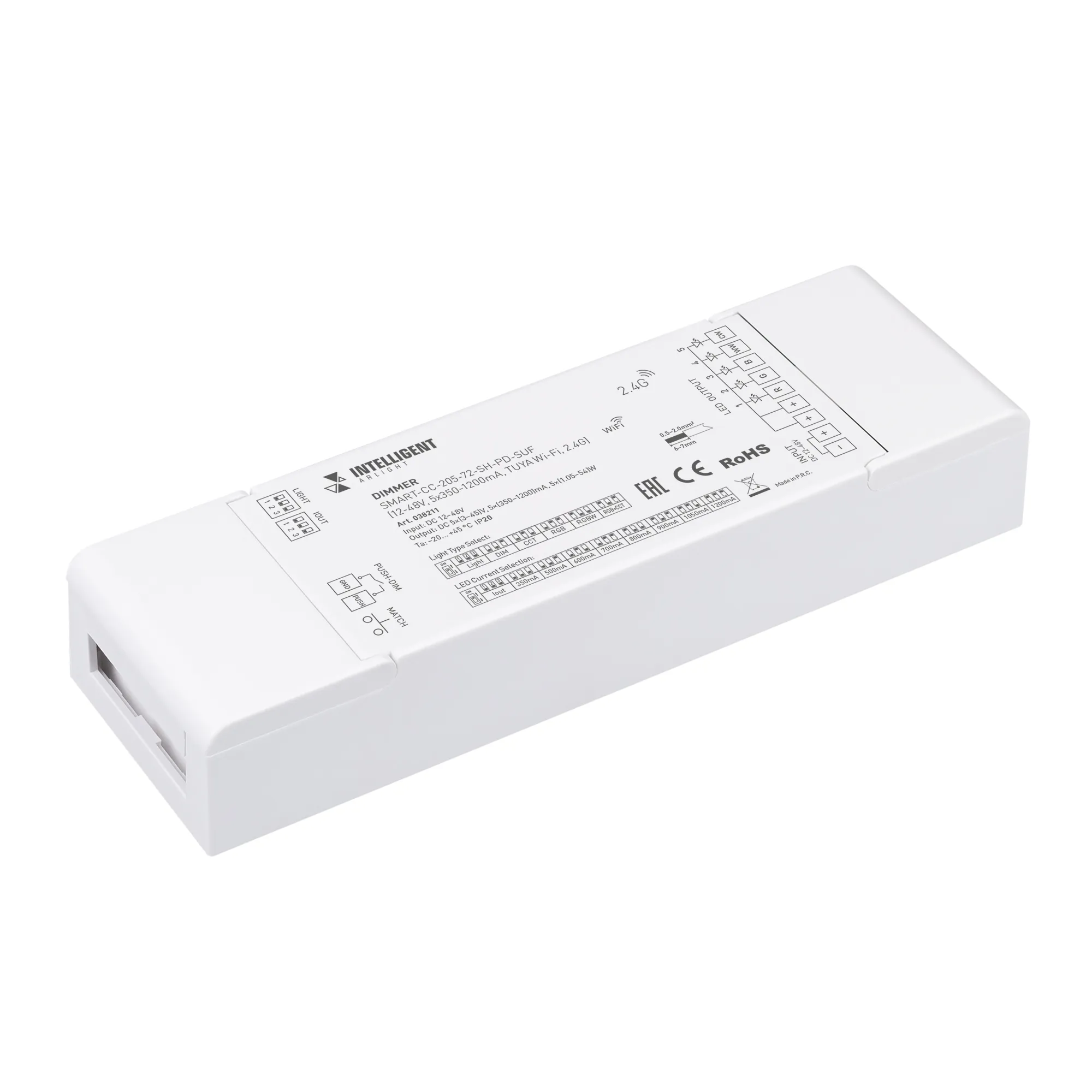 INTELLIGENT ARLIGHT Диммер SMART-CC-205-72-SH-PD-SUF (12-48V, 5x350-1200mA, TUYA Wi-Fi, 2.4G) (IARL, IP20 Пластик, 5 лет) - изображение товара